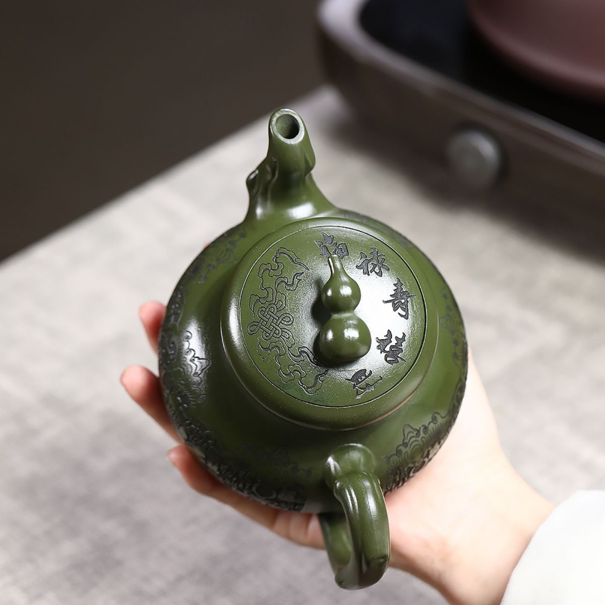 Baifu Gourd Yixing Teapot | Emerald Green Clay | 440ml Handcrafted Zisha