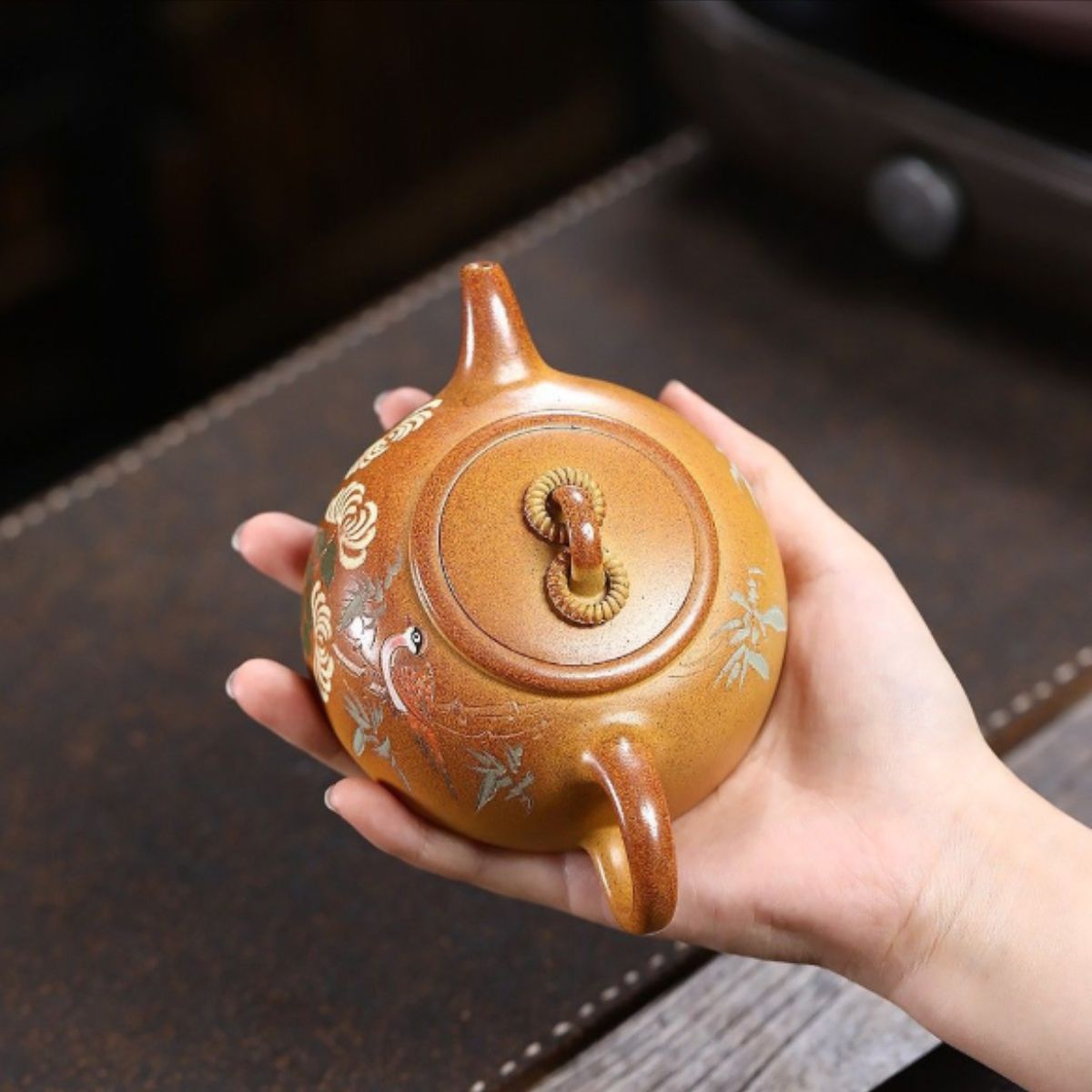 Yixing Purple Clay Teapot "Birds & Flowers Double Ring" 190ml - High-Fired Duan Ni with Clay Painting