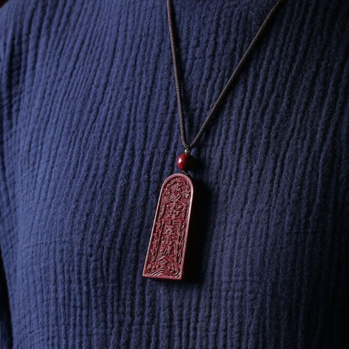Natural Cinnabar Amulet Pendant | Five Thunder Command Talisman for Protection & Good Fortune