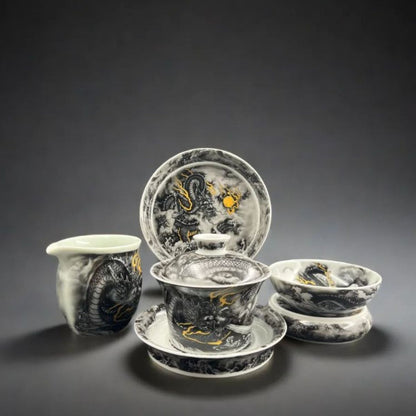 Jingdezhen Antique Ink-Clay Dragon Gongfu Tea Set – Lóng Téng Zhì Yǔ | 5-Piece