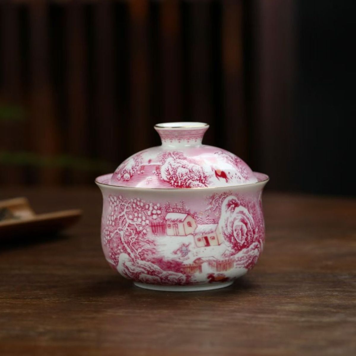 Jingdezhen Agate Ruby Red Snow Landscape Gongfu Tea Set – Overglaze Famille Rose | Gift Box | 5-Piece