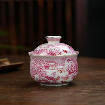 Jingdezhen Agate Ruby Red Snow Landscape Gongfu Tea Set – Overglaze Famille Rose | Gift Box | 5-Piece
