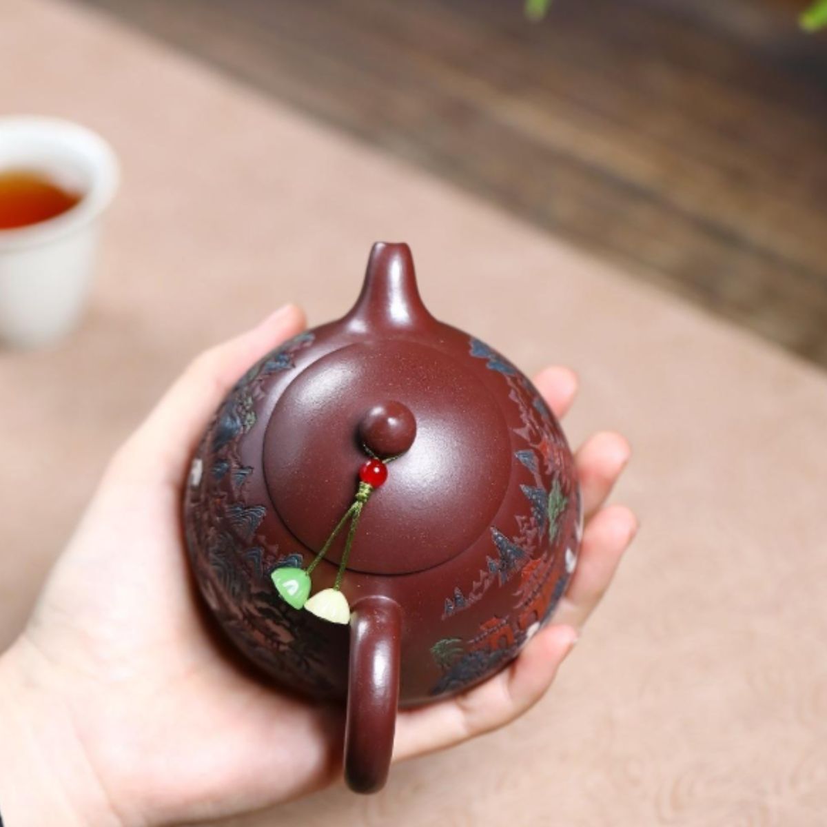 Misty Clouds Ancient Pavilion Yixing Teapot - Stone Red Clay 250ml