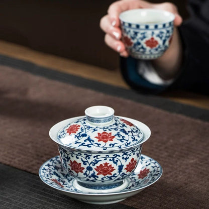 Jingdezhen Blue & Red Gaiwan Tea Set | Vintage Underglaze Ceramic with 2 Cups 160ml