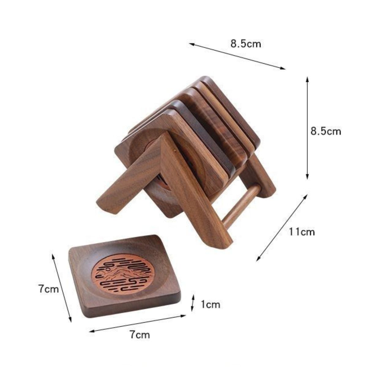 Walnut Carved Teacup Coaster Set – 6 Coasters & Tripod Stand