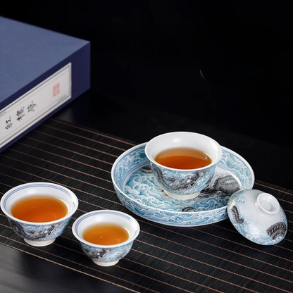 Blue and White Sea Dragon Gaiwan Tea Set