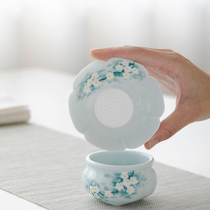 Hand-Painted Orchid Ceramic Tea Strainer Set | Gongfu Tea Accessory