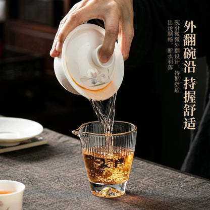 Suet Jade Porcelain Gaiwan Set | Embroidered Iris Pattern with 2 Cups 170ml