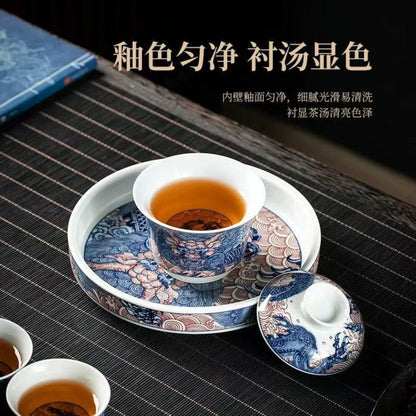 Blue & White Dragon Gaiwan Tea Set | 6-Piece Antique Clay Ceramic Gift Box 135ml