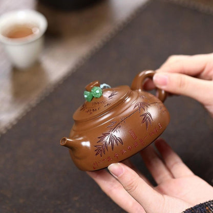 Carved Bamboo Hat Yixing Teapot - Red Gold Zhuni Clay 180ml Premium Gift