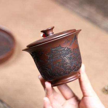 Yixing Purple Clay Gaiwan "Mountain View" 200ml - Di Cao Qing Clay Three-Piece Set