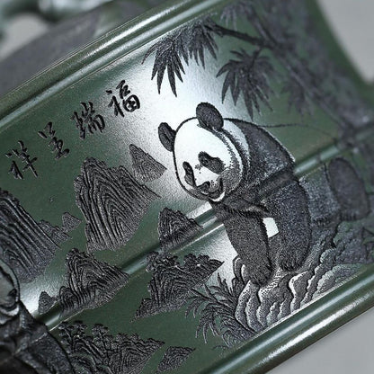 Handmade Yixing Purple Clay Teapot 260ml - Original Dark Green Clay Panda Bamboo Zisha Gongfu Tea Pot