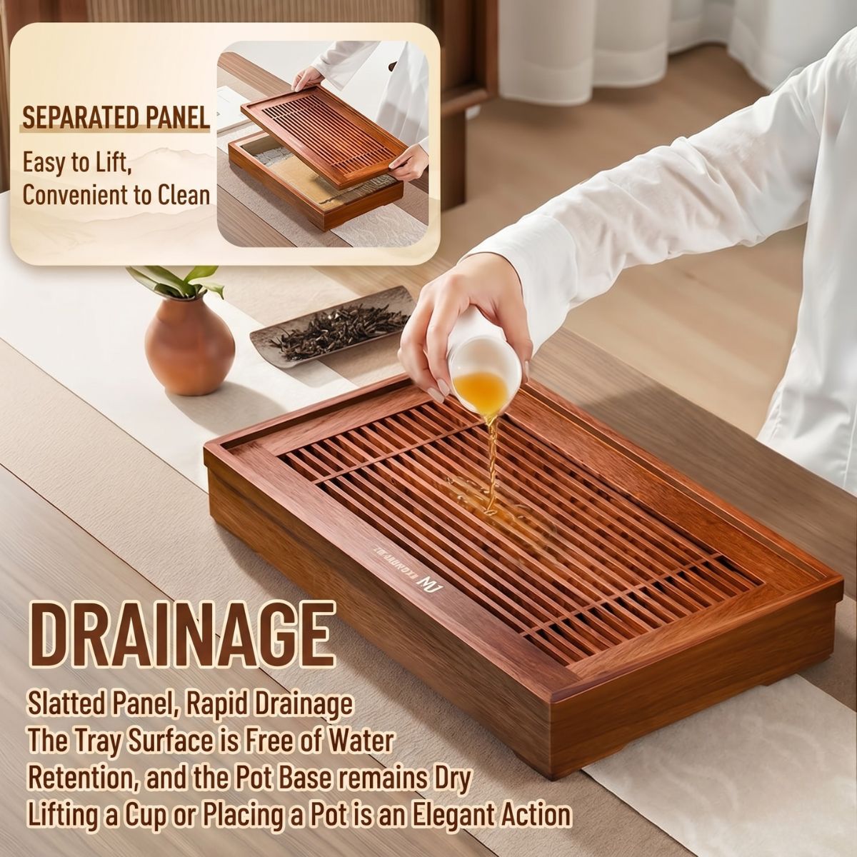 KAMJOVE Sheng Fu Tea Tray – Wet-Style Gongfu Tea Board with 2.23L Water Reservoir | 38.6×23.2cm