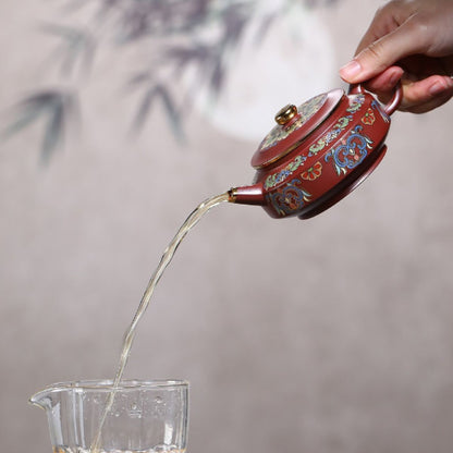 Yixing Purple Clay Teapot "Enamel Zhou Pan" 220ml - Red Dragon Skin Clay with Enamel Painting