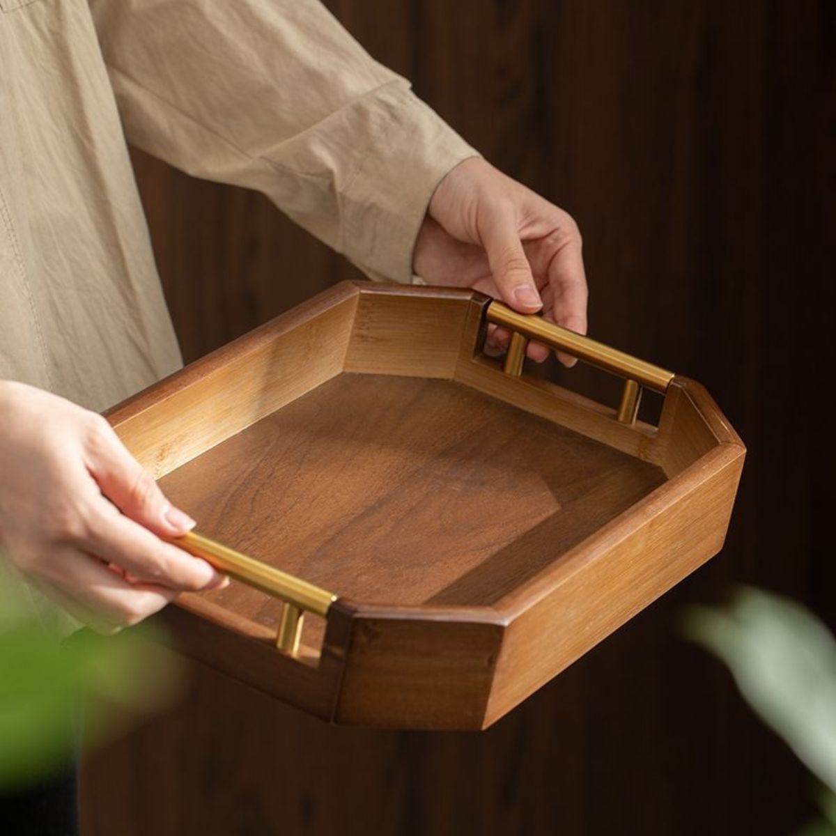 Chestnut Octagonal Serving Tray with Metal Handles – Tea Tray, Pastry Plate & Organizer | 2 Sizes