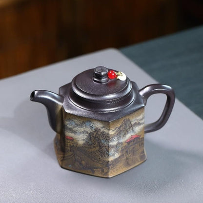 Yixing Purple Clay Teapot "Hexagonal Golden Bell" 320ml - Handmade Zisha Gongfu Tea Pot