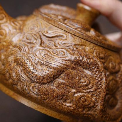 Handmade Yixing Purple Clay Teapot 380ml - Wood-Fired Dragon Bone Gold Sand Coiling Dragon Xi Shi Gongfu Tea Pot