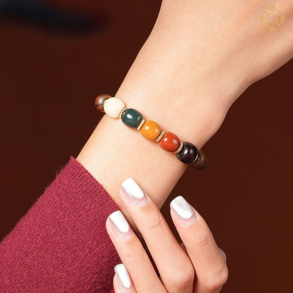 Black Pear Wood Five Elements Bracelet – Wu Xing Mala Bead Bracelet for Balance, Grounding & Positive Energy