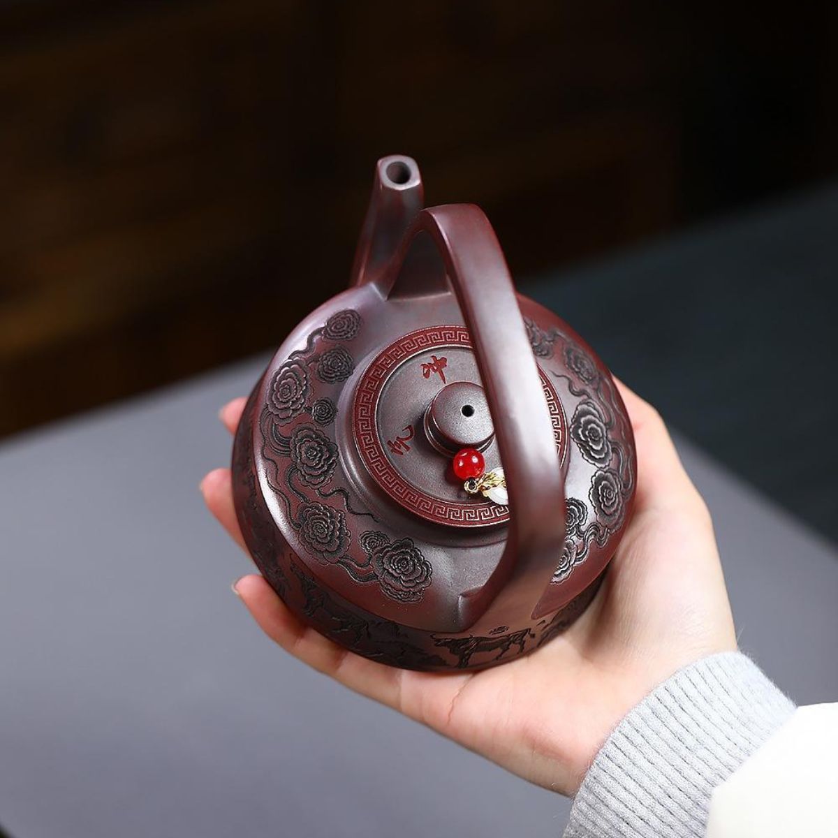 Soaring Bull Spirit Handled Yixing Teapot - Ancient Black Clay 300ml