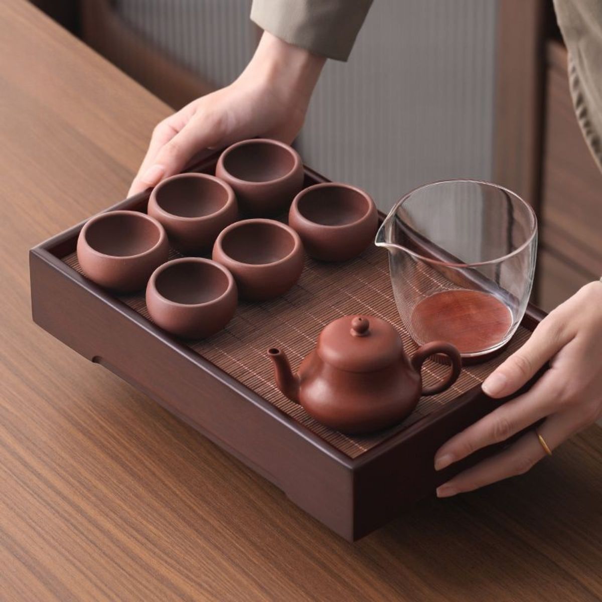 Moso Bamboo Tea Tray with Reversible Mat — Dual-Use Gongfu Tea Board