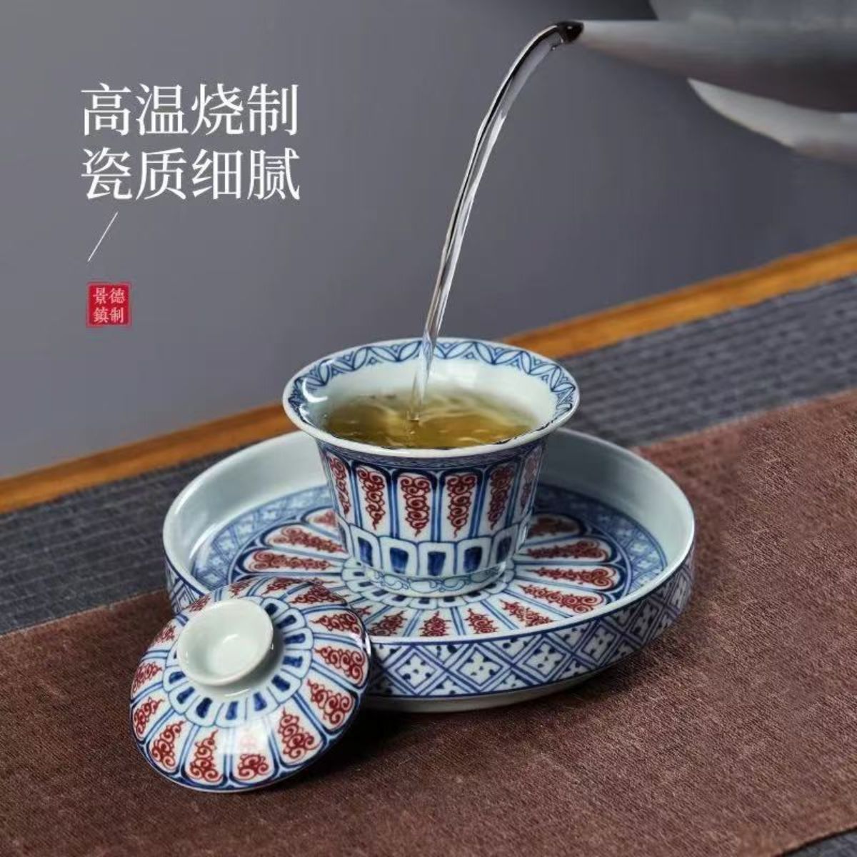 Jingdezhen Antique Clay Tea Set | 8-Piece Red Scroll Pattern Gaiwan Gift Box 120ml