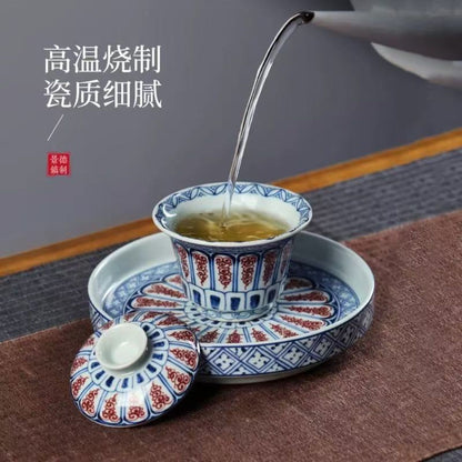 Jingdezhen Antique Clay Tea Set | 8-Piece Red Scroll Pattern Gaiwan Gift Box 120ml