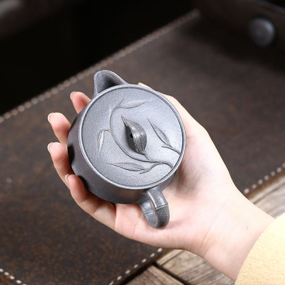 Wide-Mouth Bamboo Zisha Teapot – Qing Hui Duan Ni Clay, 150 ml