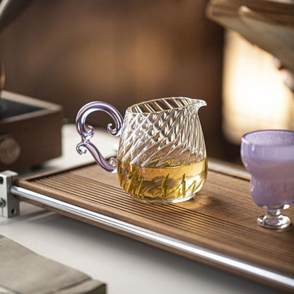 Tingxian Glass Gongdao Cup 200ml – Traditional Chinese Pattern Fairness Pitcher | Purple or Pink Handle