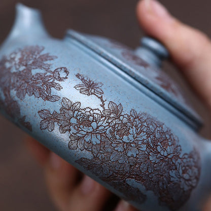 Yixing Zisha Teapot | Royal Blue Duan Ni with Hand-Engraved Peony | 180ml Gongfu Tea Pot