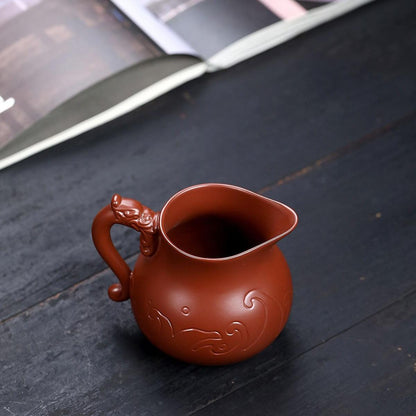 Handmade Yixing Purple Clay Fair Cup 330ml - Dahongpao Dragon Pattern Carved Tea Pitcher