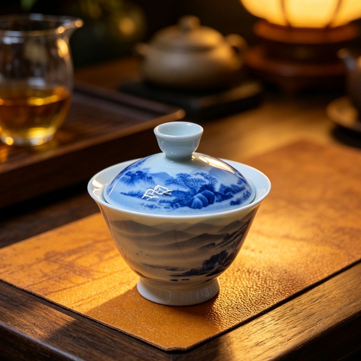 Blue & White Landscape Tea Set – Hand-Painted Underglaze Gaiwan & Tasting Cups