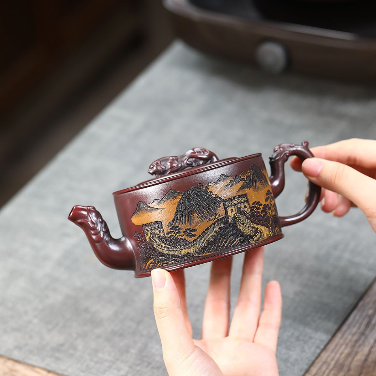 Tiger & Great Wall Zisha Teapot – Guwu Clay, 330ml