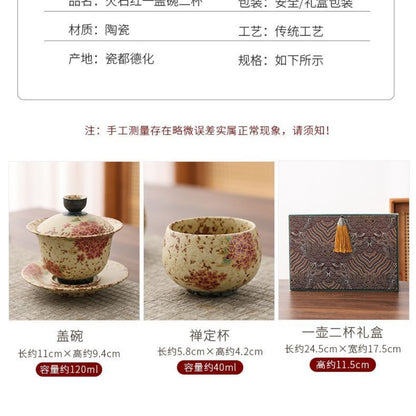 Blue & White Fire Stone Red Hydrangea Gaiwan Tea Set | Kiln-Fired Vintage Ceramic | Gaiwan & 2 Cups