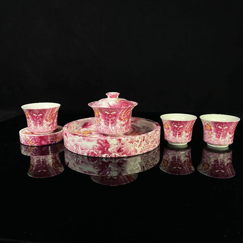 Jingdezhen Ruby Red Dragon Gongfu Tea Set – Gemstone Glaze Porcelain | 6-Piece