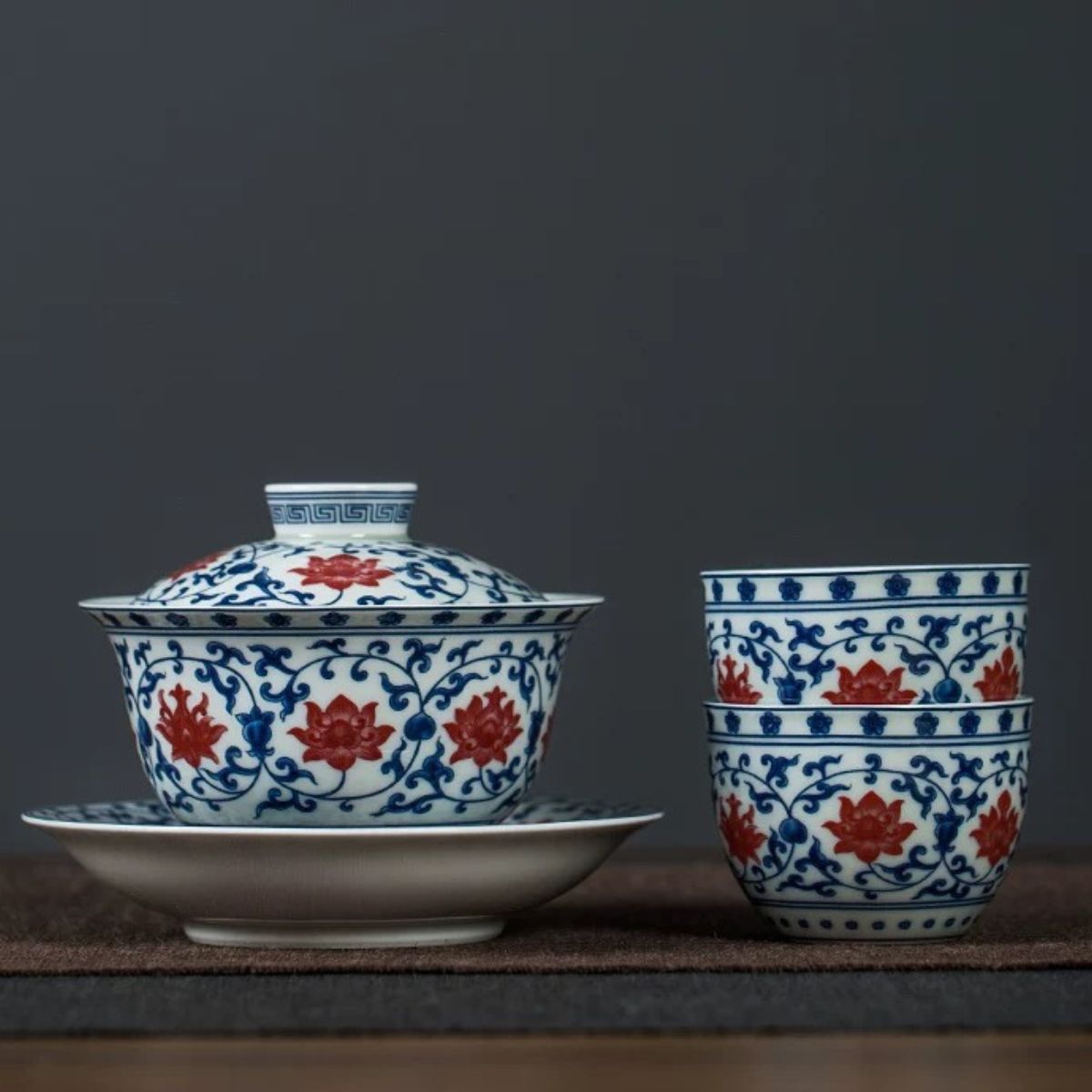 Jingdezhen Blue & Red Gaiwan Tea Set | Vintage Underglaze Ceramic with 2 Cups 160ml