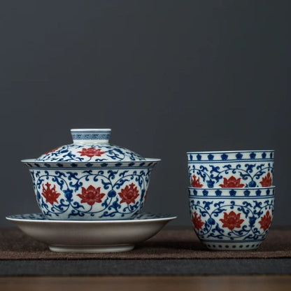 Jingdezhen Blue & Red Gaiwan Tea Set | Vintage Underglaze Ceramic with 2 Cups 160ml