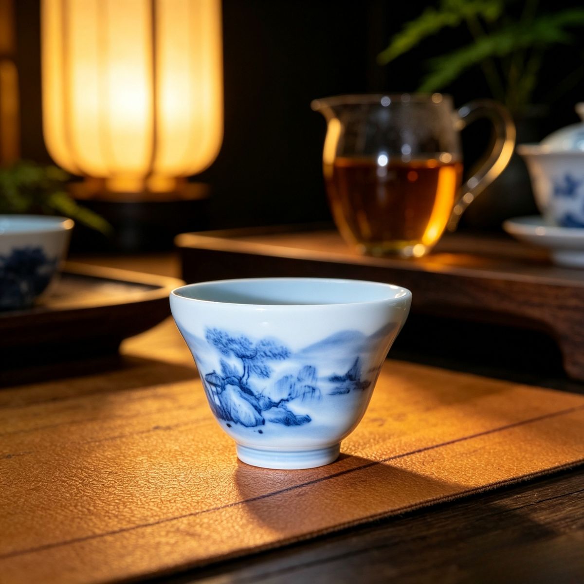 Blue & White Landscape Tea Set – Hand-Painted Underglaze Gaiwan & Tasting Cups