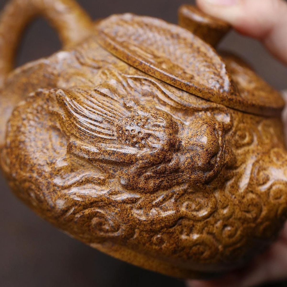 Handmade Yixing Purple Clay Teapot 380ml - Wood-Fired Dragon Bone Gold Sand Coiling Dragon Xi Shi Gongfu Tea Pot