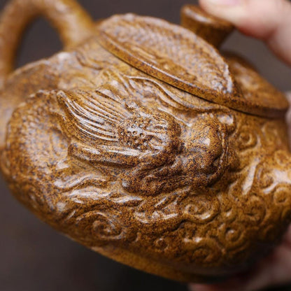 Handmade Yixing Purple Clay Teapot 380ml - Wood-Fired Dragon Bone Gold Sand Coiling Dragon Xi Shi Gongfu Tea Pot