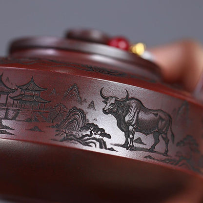 Soaring Bull Spirit Handled Yixing Teapot - Ancient Black Clay 300ml
