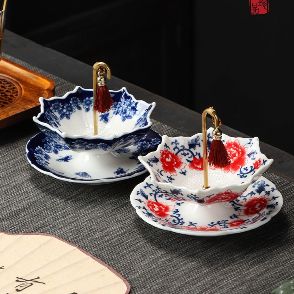Umbrella Tea Strainer Set | Blue & White Porcelain or Red Peony | Gongfu Tea Accessory