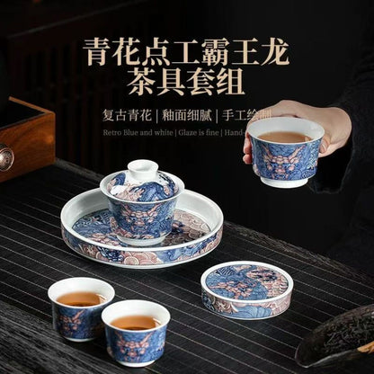 Blue & White Dragon Gaiwan Tea Set | 6-Piece Antique Clay Ceramic Gift Box 135ml