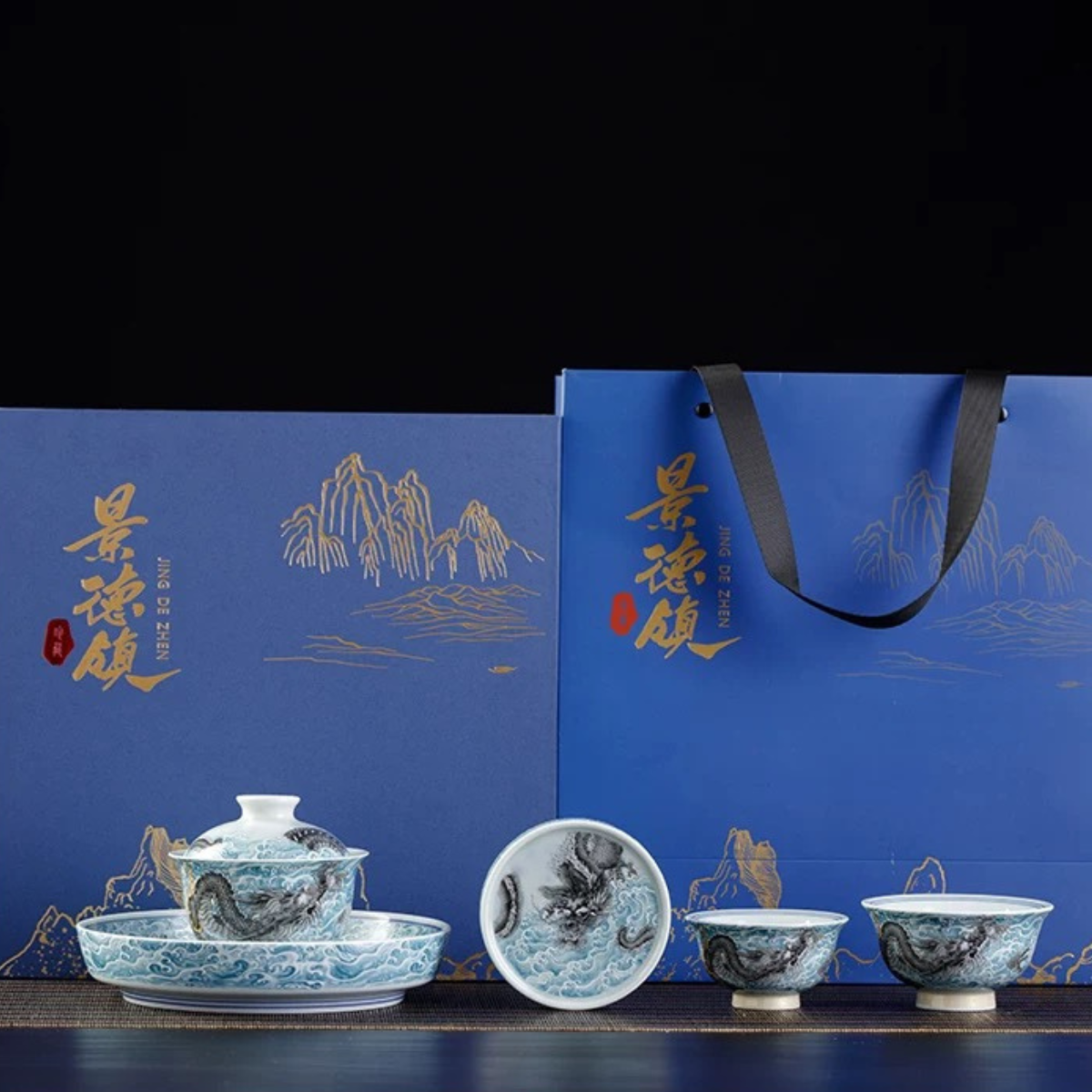 Blue and White Sea Dragon Gaiwan Tea Set
