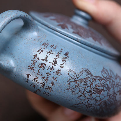 Yixing Zisha Teapot | Royal Blue Duan Ni with Hand-Engraved Peony | 180ml Gongfu Tea Pot