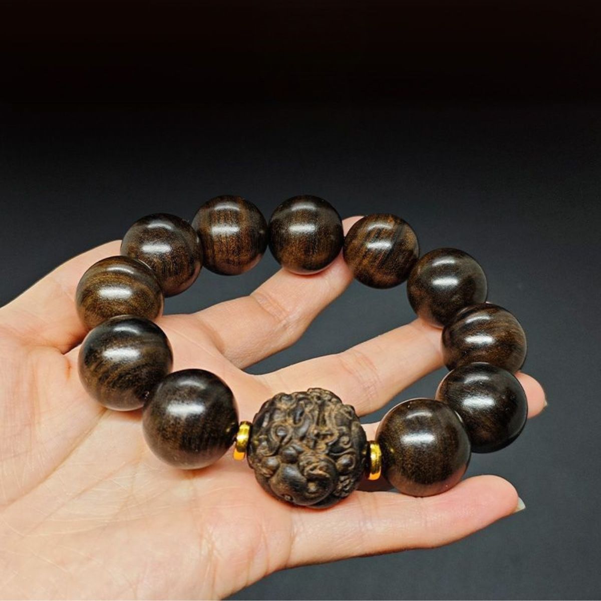 Pixiu Beaded Bracelet in Zitan-Style Wood | Wealth & Protection Talisman
