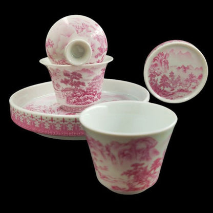 Jingdezhen High-Fire Famille Rose Mountain Stream Gongfu Tea Set – Gāo Shān Liú Shuǐ | 4-Piece