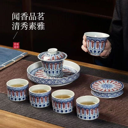 Jingdezhen Antique Clay Tea Set | 8-Piece Red Scroll Pattern Gaiwan Gift Box 120ml