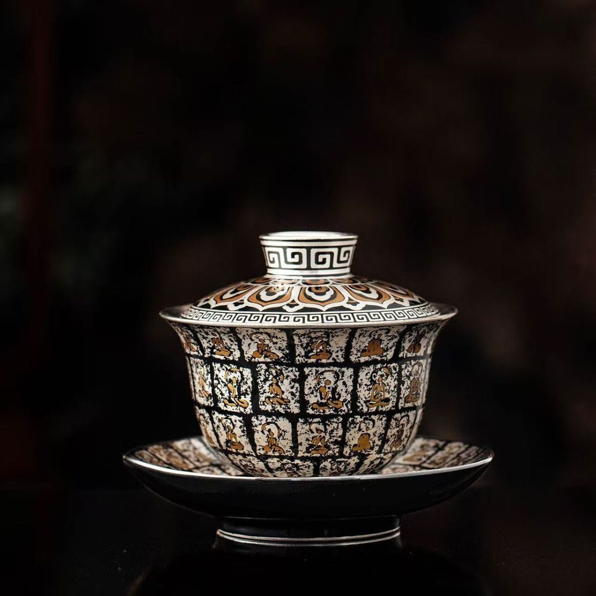 Liu Yin Wan Fo Ceramic Gaiwan Tea Set – Silver-Gilded (Gaiwan 130ml + Saucer + 2 Cups 45ml) Gift Box