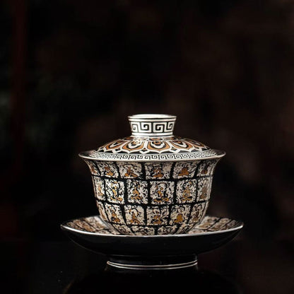 Liu Yin Wan Fo Ceramic Gaiwan Tea Set – Silver-Gilded (Gaiwan 130ml + Saucer + 2 Cups 45ml) Gift Box