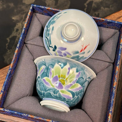 Lotus Pond Moonlight Hand-Painted Ceramic Tea Set – Gaiwan, Pu-erh Cup, Ruishi Cup & Dry Brewing Tray